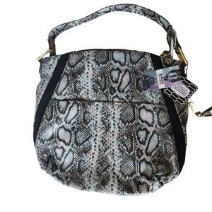 AIMEE KESTENBERG Hobo Snakeskin Embossed Black Suede Large Shoulder Bag Gold